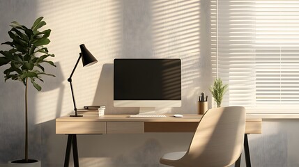 246. Modern office desk setup with a sleek chair, small plant, and neutral tones