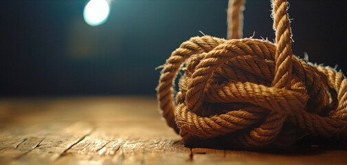 Close-Up of Twisted Natural Jute Rope on Wooden Surface