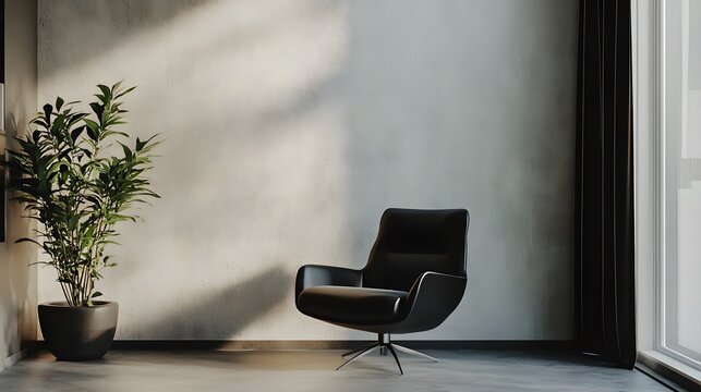 258. Modern office featuring a sleek black chair, small plant, and neutral tones