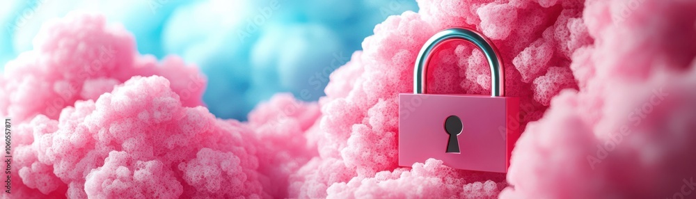 Poster a simple metal lock on pink cloud on blue background as zero trust security model implementation in 