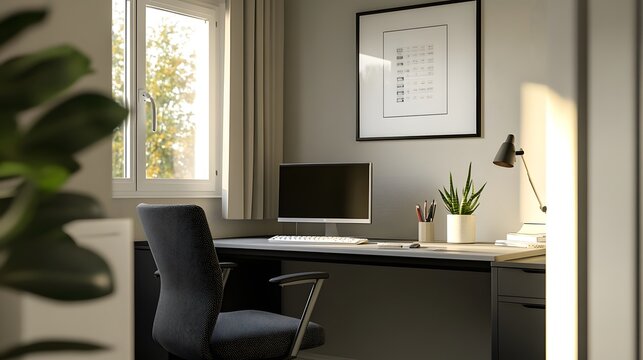 286. Modern desk setup with a sleek black chair, small plant, and neutral decor