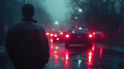 a tense scene with police flashing lights blurred in the background at a crime scene creating a sense of urgency and drama while emphasizing the gravity of the situation