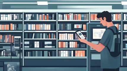 Customer in a bookstore using a smartphone AI app to find related book suggestions based on a recently viewed novel