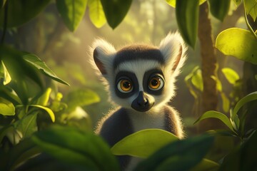 A curious lemur peering through lush foliage.