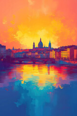 Obraz premium Toulouse, France, Pop Art style theme print. Cityscape, city skyline.Vibrant, bright, modern, trendy, graphic designed for poster, card, wallpaper