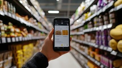 Shopper in a grocery store using an AI app to scan items and check for allergen information, showing detailed ingredient lists