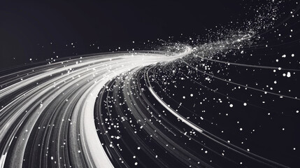 dynamic swirl of white and gray lines creates sense of movement against black background, evoking feelings of energy and flow