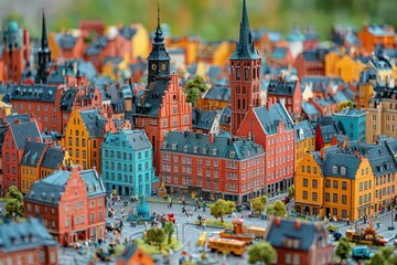 Obraz premium A Detailed Miniature Model of a European City with Cobblestone Streets and Miniature People