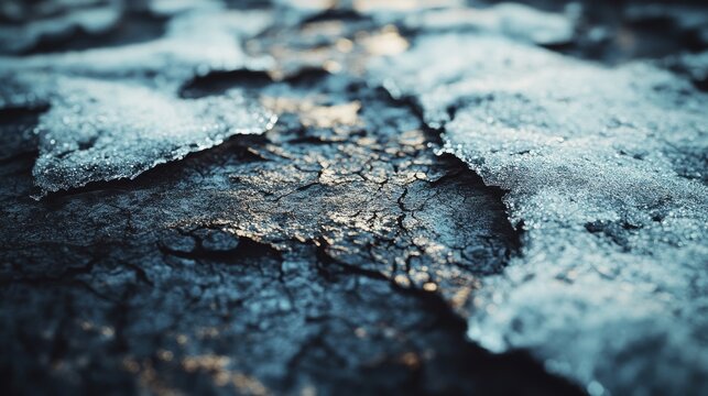 A close up of a rocky surface with ice on it. The ice is scattered all over the surface, and the rocks are jagged and rough. Concept of harshness and coldness, as the ice