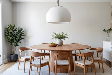 Fototapeta premium Minimalistic dining room with a round wooden table, wooden chairs, and a modern lamp with elegance decor.