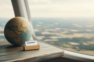 Globe and travel tickets rest on rustic wooden table by airplane window, symbolizing adventure, wanderlust, and excitement of exploring new destinations.