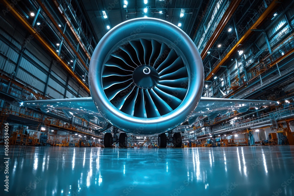 Poster airplane engine close up with reflections in hangar