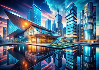 Futuristic Abstract Architecture Illuminated by Modern Computer Graphics in a Panoramic View of a High-Tech Cityscape