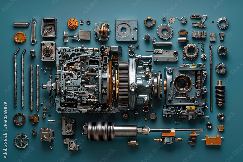 Poster disassembled mechanical components of a complex machine