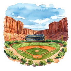 Watercolor Painting of a Baseball Stadium in a Desert Landscape.