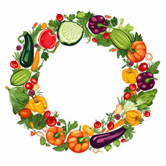 Colorful cartoon vegetable wreath design featuring a variety of fresh produce and herbs