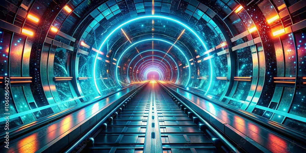 Poster futuristic cyber tunnel exit: double exposure abstract background for sci-fi digital speedway concep