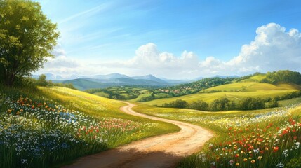 Naklejka premium A scenic countryside landscape with rolling hills, wildflowers, and a winding dirt road. 