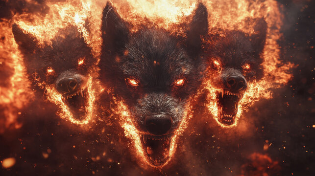 A three-headed hellhound with fire