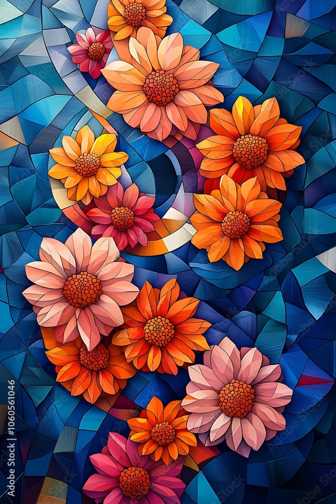 Poster vibrant flowers swirl amidst a blue background creating a stunning visual harmony that captivates th