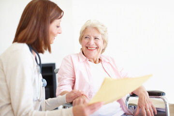 Wheelchair, healthcare and results with old woman and caregiver for rehabilitation, consulting and...