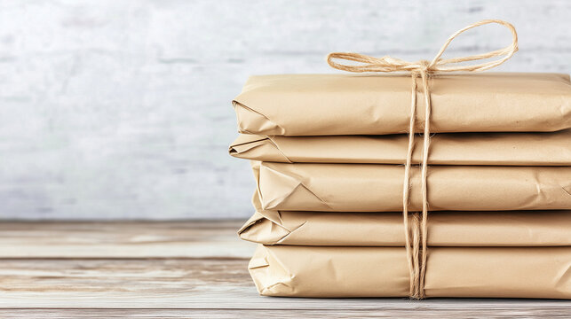 Four brown paper packages tied with string on wood.