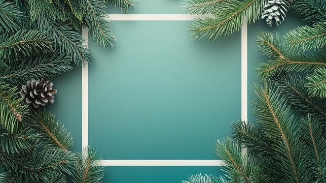 Festive frame with pine branches and cones, green background