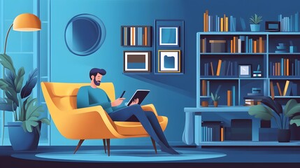 Customer at home using a tablet AI assistant to browse new furniture styles, receiving recommendations for matching decor