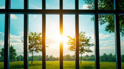 Fototapeta premium Sunlight Through Fence with Lush Greenery