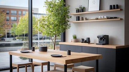 Modern dining space showcases minimalist design with natural elements and functional decor