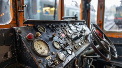 Closeup of the trains control panel with an array of buttons switches and dials used for navigating the tracks.