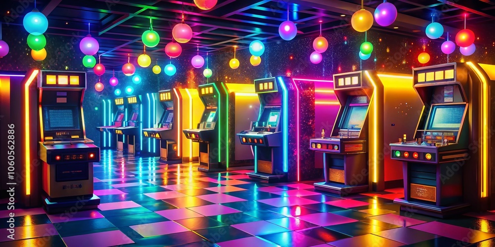 Poster futuristic retro arcade machine room with bokeh effect and colorful gradient ambiance