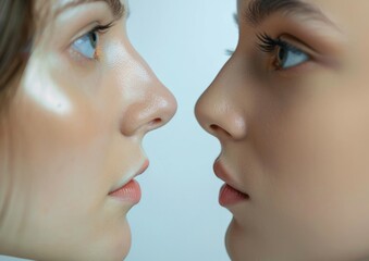 Obraz premium Before and after plastic surgery of nose. Rhinoplasty. Crooked nose correcting. Young woman profile portrait, isolated on white background. Beauty female, model girl face close-up. Aesthetic medicine