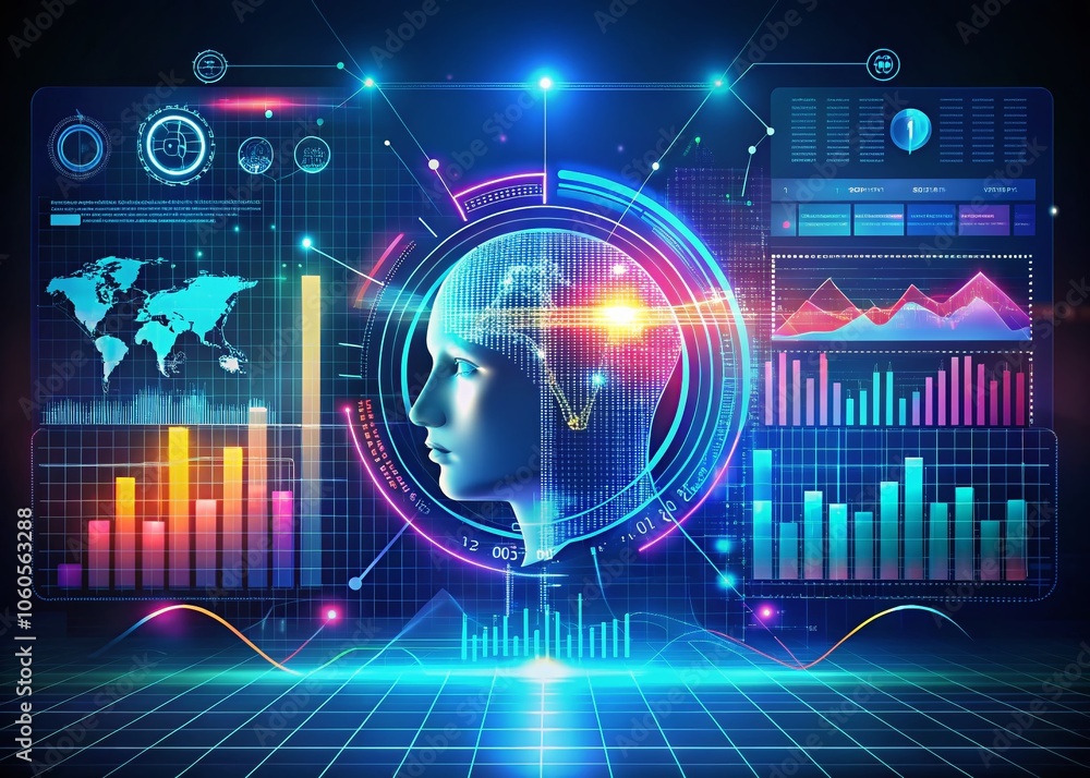 Poster futuristic tech chart infographic with holographic data bars and abstract graphs on dark background