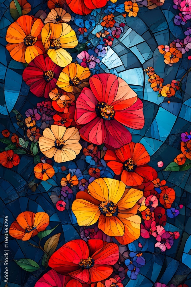 Poster Vibrant flowers adorn a colorful mosaic background creating a lively and captivating floral art piece that engages the viewer with its rich textures and dynamic color palette