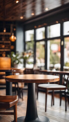 Fototapeta premium A cozy cafe interior with wooden tables and chairs, softly lit by warm pendant lights. The background is slightly blurred, creating a relaxed atmosphere, ideal for socializing or working.