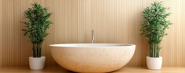 Eco-luxury bath retreat, bamboo walls, freestanding stone tub, peaceful aura