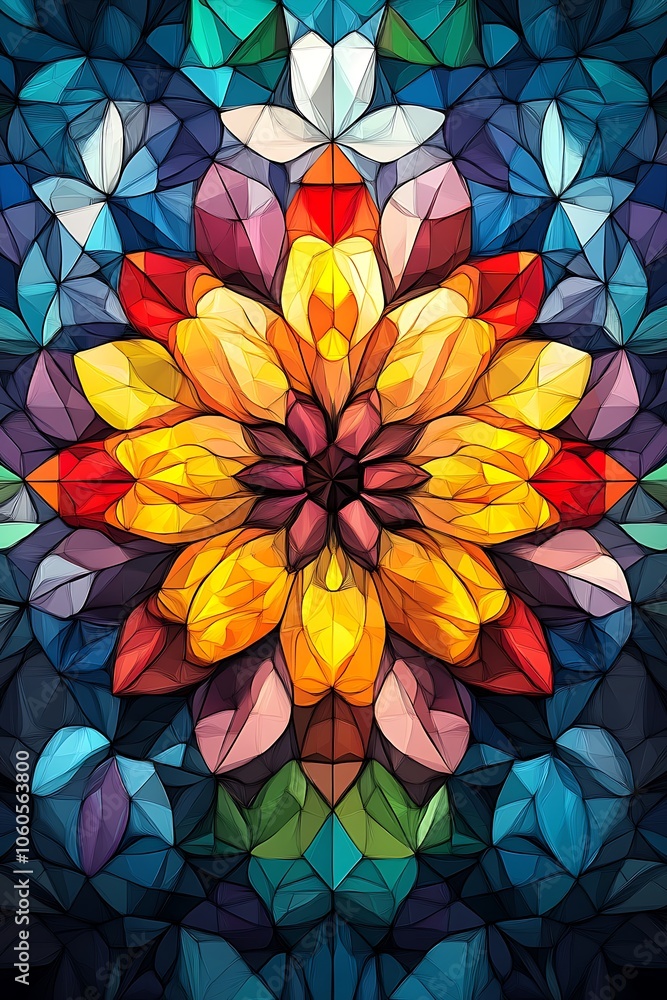 Poster vibrant artistically designed floral pattern captivates viewers with its colorful geometric shapes a