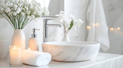 Elegant bath retreat, marble textures, gentle glow