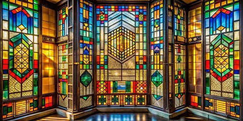 Obraz premium Geometric Art Deco Style Stained Glass Window in Vibrant Colors - Captivating Candid Photography of Architectural Art and Design