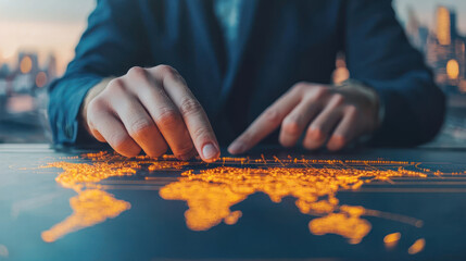Close up of hands pointing at glowing world map, highlighting trade routes and connections. image conveys sense of global business and exploration