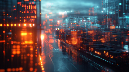 Fototapeta premium Cargo Ships Illuminated With Digital Lights: A Futuristic Depiction Of Shipping Vessels In A High-Tech Harbor, Glowing Containers And Virtual Maps In The Background Illustrate Global Connectivity