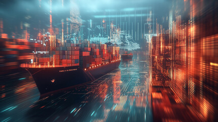 Global Shipping Network Illuminated In Digital Harbor: A Dynamic Scene Of Cargo Ships Navigating Through A High-Tech Port With Digital World Map Overlay And Luminous Cityscape In Background, Highlight