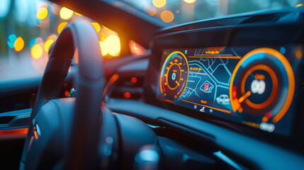 close up view of digital display in electric car, showcasing navigation and speed metrics. vibrant lights create modern and dynamic atmosphere