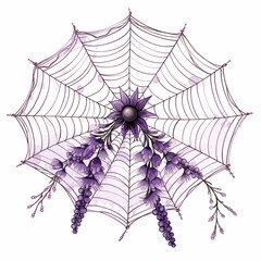 A delicate purple spider web adorned with floral accents and intricate details
