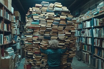 Obraz premium Person Holding Up a Large Stack of Books in a Bookstore