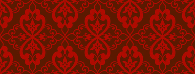 Luxurious red damask seamless pattern on brown background, ornate baroque design, perfect for wallpaper, upholstery, or interior decor