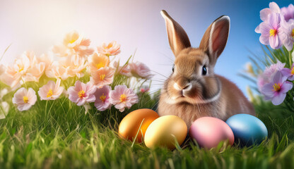 Fototapeta premium Easter bunny in the grass with easter eggs and flowers. Room for text 