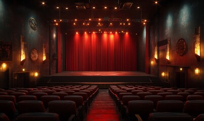Presenting a dimly lit empty movie theater and stage, with red curtains drawn, observed from the rear over rows of unoccupied seats