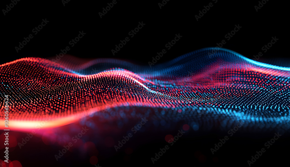 Poster 3d render of a red and blue gradient wave made from glowing dots on a black background
